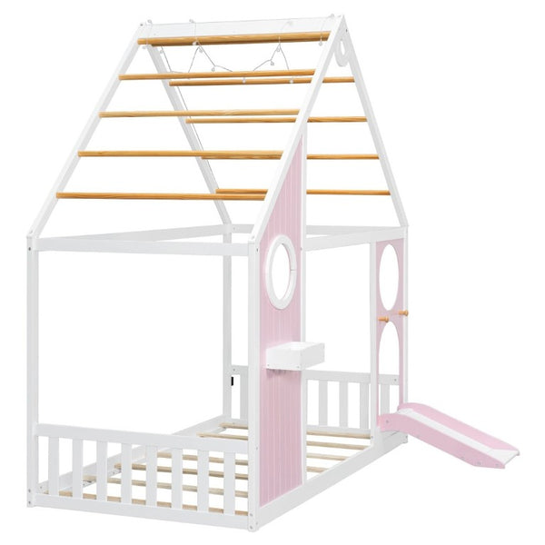 English Elm Twin Playhouse Platform Bed with Built-In Slide LED Lights and Velvet Front Panel Pink N708P437072H