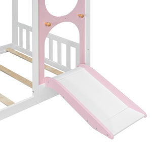 English Elm Twin Playhouse Platform Bed with Built-In Slide LED Lights and Velvet Front Panel Pink N708P437072H