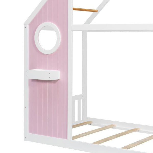 English Elm Twin Playhouse Platform Bed with Built-In Slide LED Lights and Velvet Front Panel Pink N708P437072H