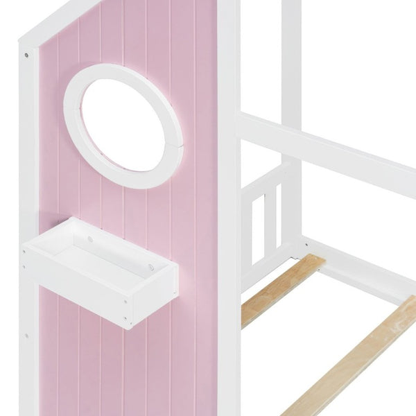 English Elm Twin Playhouse Platform Bed with Built-In Slide LED Lights and Velvet Front Panel Pink N708P437072H