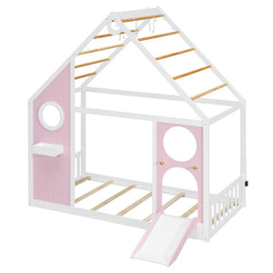 English Elm Twin Playhouse Platform Bed with Built-In Slide LED Lights and Velvet Front Panel Pink N708P437072H