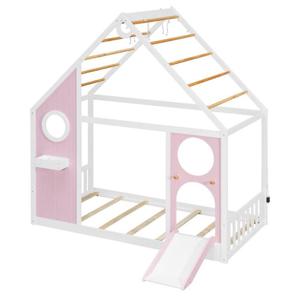 English Elm Twin Playhouse Platform Bed with Built-In Slide LED Lights and Velvet Front Panel Pink N708P437072H