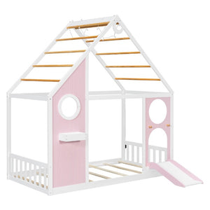 English Elm Twin Playhouse Platform Bed with Built-In Slide LED Lights and Velvet Front Panel Pink N708P437072H