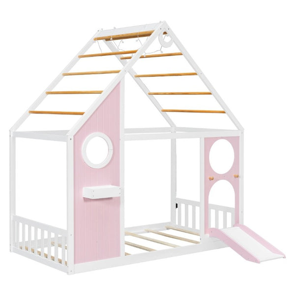 English Elm Twin Playhouse Platform Bed with Built-In Slide LED Lights and Velvet Front Panel Pink N708P437072H