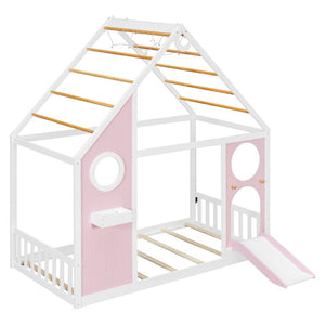 English Elm Twin Playhouse Platform Bed with Built-In Slide LED Lights and Velvet Front Panel Pink N708P437072H