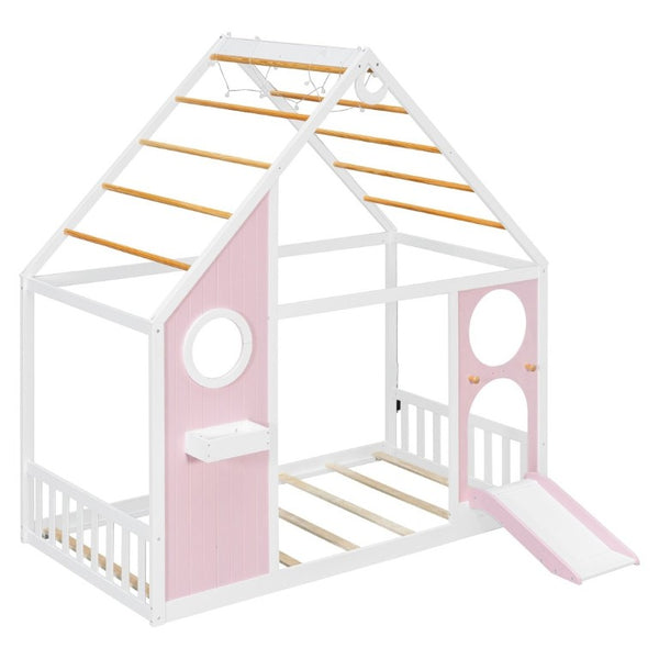 English Elm Twin Playhouse Platform Bed with Built-In Slide LED Lights and Velvet Front Panel Pink N708P437072H
