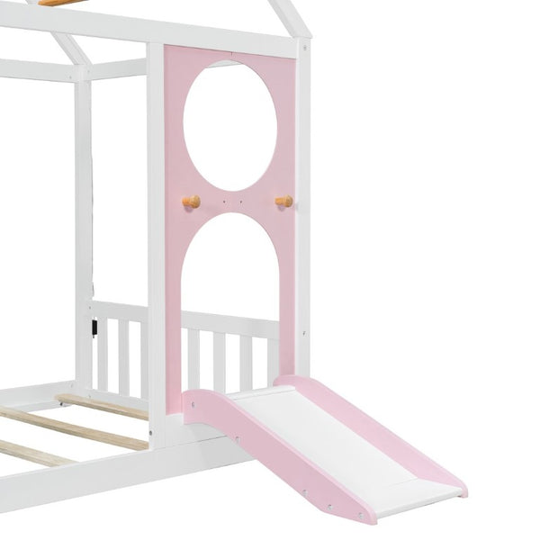 English Elm Twin Playhouse Platform Bed with Built-In Slide LED Lights and Velvet Front Panel Pink N708P437072H