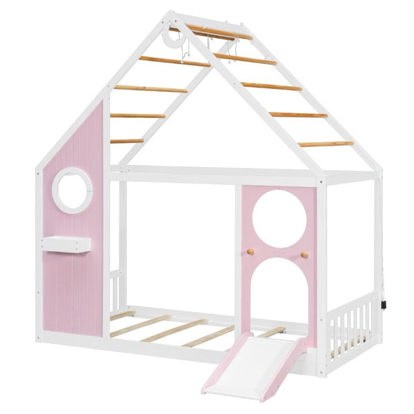 English Elm Twin Playhouse Platform Bed with Built-In Slide LED Lights and Velvet Front Panel Pink N708P437072H