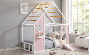English Elm Twin Playhouse Platform Bed with Built-In Slide LED Lights and Velvet Front Panel Pink N708P437072H