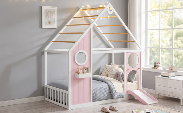 English Elm Twin Playhouse Platform Bed with Built-In Slide LED Lights and Velvet Front Panel Pink N708P437072H