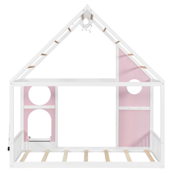English Elm Twin Playhouse Platform Bed with Built-In Slide LED Lights and Velvet Front Panel Pink N708P437072H