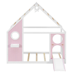 English Elm Twin Playhouse Platform Bed with Built-In Slide LED Lights and Velvet Front Panel Pink N708P437072H