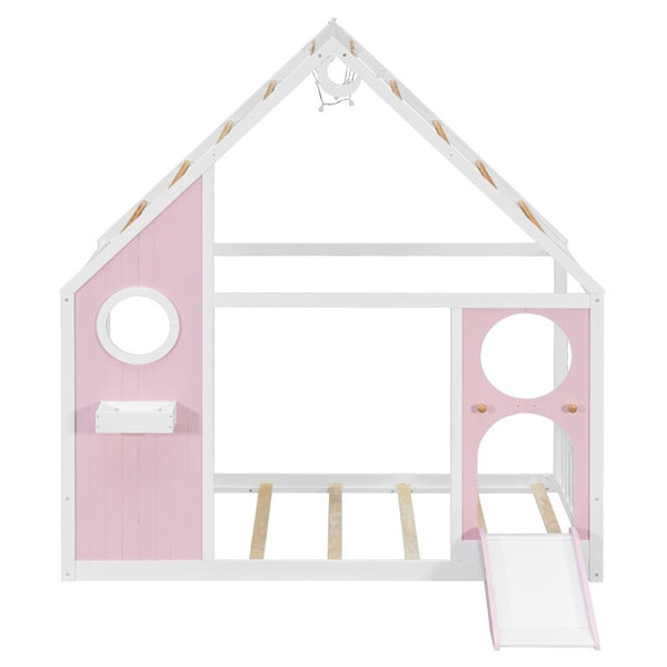 English Elm Twin Playhouse Platform Bed with Built-In Slide LED Lights and Velvet Front Panel Pink N708P437072H