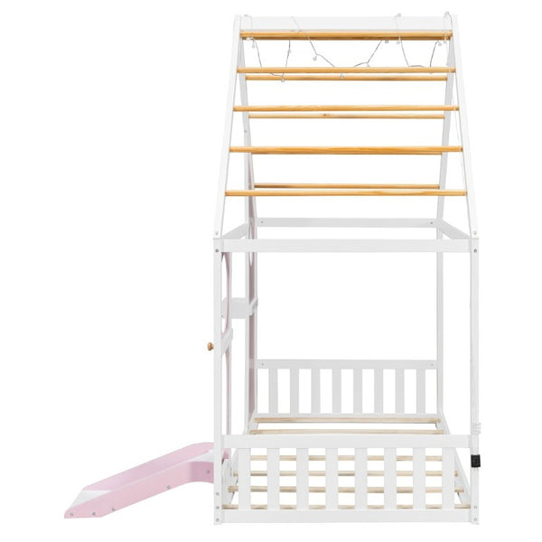 English Elm Twin Playhouse Platform Bed with Built-In Slide LED Lights and Velvet Front Panel Pink N708P437072H