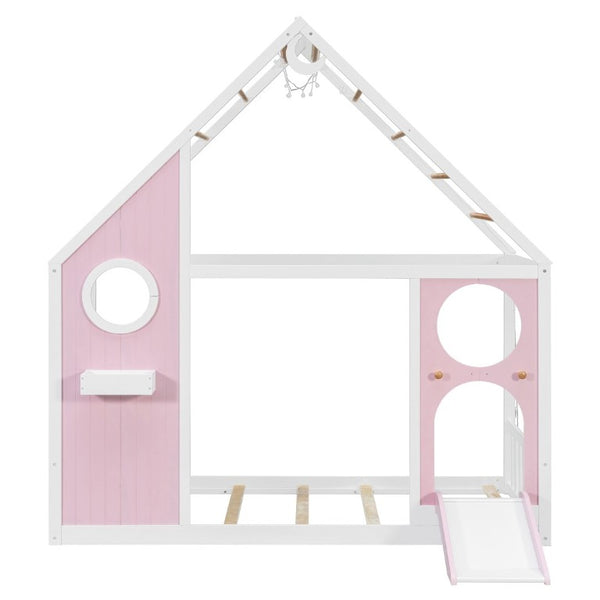 English Elm Twin Playhouse Platform Bed with Built-In Slide LED Lights and Velvet Front Panel Pink N708P437072H