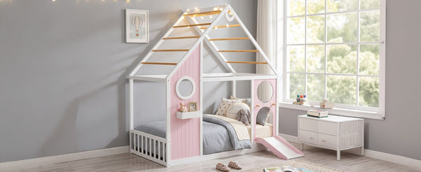 English Elm Twin Playhouse Platform Bed with Built-In Slide LED Lights and Velvet Front Panel Pink N708P437072H