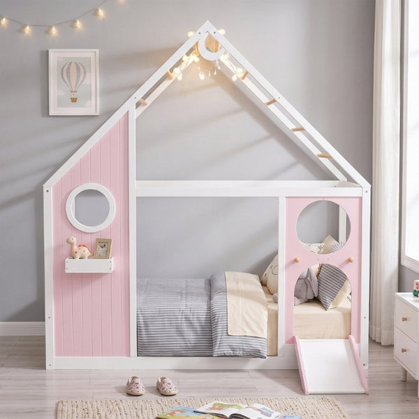 English Elm Twin Playhouse Platform Bed with Built-In Slide LED Lights and Velvet Front Panel Pink N708P437072H