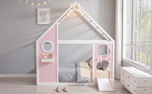 English Elm Twin Playhouse Platform Bed with Built-In Slide LED Lights and Velvet Front Panel Pink N708P437072H