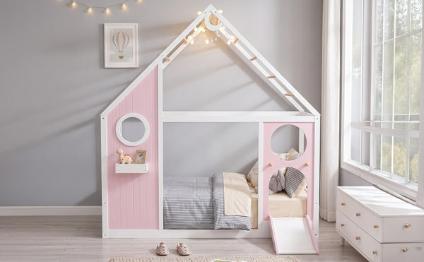 English Elm Twin Playhouse Platform Bed with Built-In Slide LED Lights and Velvet Front Panel Pink N708P437072H