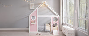 English Elm Twin Playhouse Platform Bed with Built-In Slide LED Lights and Velvet Front Panel Pink N708P437072H