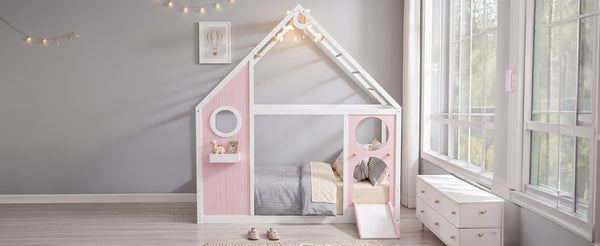 English Elm Twin Playhouse Platform Bed with Built-In Slide LED Lights and Velvet Front Panel Pink N708P437072H