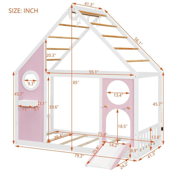 English Elm Twin Playhouse Platform Bed with Built-In Slide LED Lights and Velvet Front Panel Pink N708P437072H