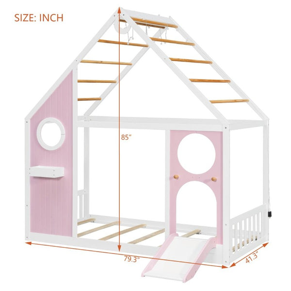 English Elm Twin Playhouse Platform Bed with Built-In Slide LED Lights and Velvet Front Panel Pink N708P437072H
