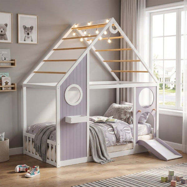 English Elm Twin Playhouse Platform Bed with Built-In Slide LED Lights and Velvet Front Panel Purple N708P437072I
