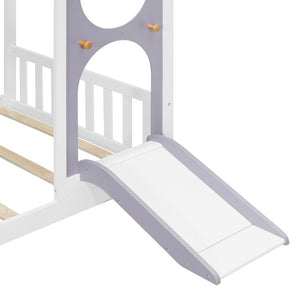 English Elm Twin Playhouse Platform Bed with Built-In Slide LED Lights and Velvet Front Panel Purple N708P437072I