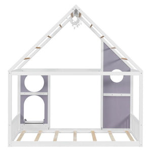 English Elm Twin Playhouse Platform Bed with Built-In Slide LED Lights and Velvet Front Panel Purple N708P437072I