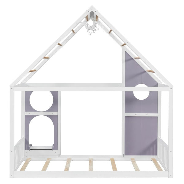 English Elm Twin Playhouse Platform Bed with Built-In Slide LED Lights and Velvet Front Panel Purple N708P437072I