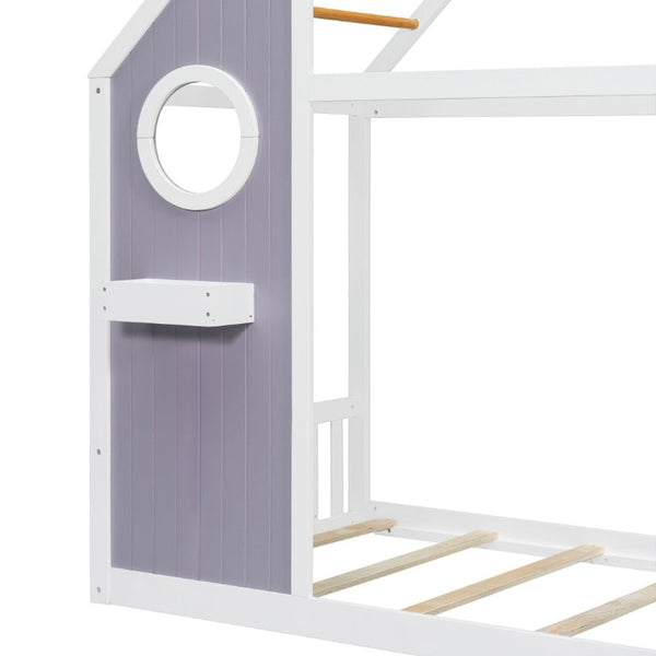 English Elm Twin Playhouse Platform Bed with Built-In Slide LED Lights and Velvet Front Panel Purple N708P437072I