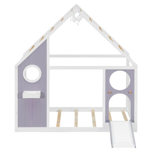 English Elm Twin Playhouse Platform Bed with Built-In Slide LED Lights and Velvet Front Panel Purple N708P437072I