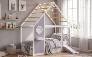 English Elm Twin Playhouse Platform Bed with Built-In Slide LED Lights and Velvet Front Panel Purple N708P437072I