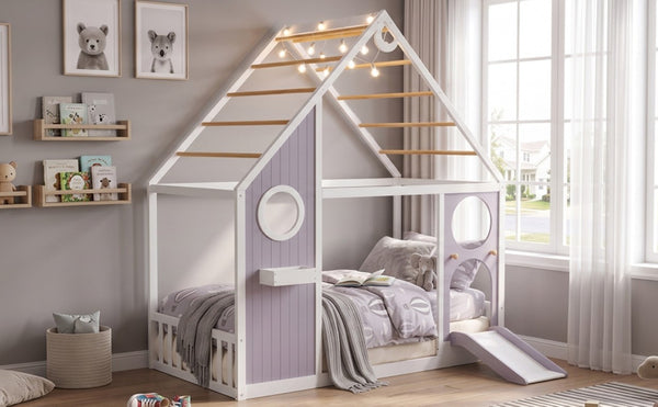 English Elm Twin Playhouse Platform Bed with Built-In Slide LED Lights and Velvet Front Panel Purple N708P437072I