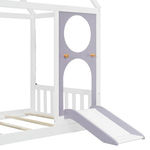 English Elm Twin Playhouse Platform Bed with Built-In Slide LED Lights and Velvet Front Panel Purple N708P437072I