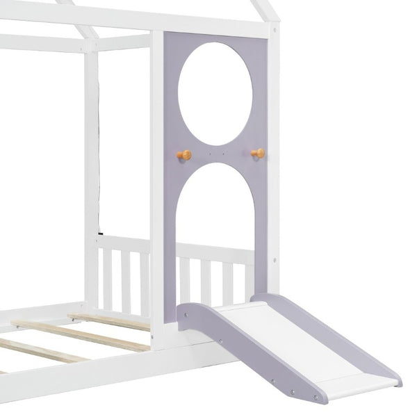 English Elm Twin Playhouse Platform Bed with Built-In Slide LED Lights and Velvet Front Panel Purple N708P437072I