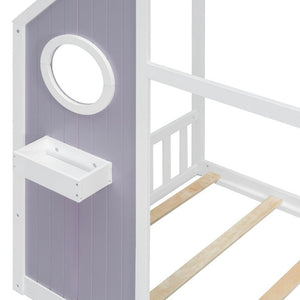 English Elm Twin Playhouse Platform Bed with Built-In Slide LED Lights and Velvet Front Panel Purple N708P437072I