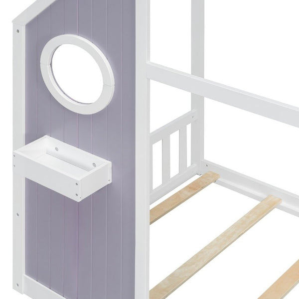 English Elm Twin Playhouse Platform Bed with Built-In Slide LED Lights and Velvet Front Panel Purple N708P437072I