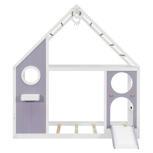 English Elm Twin Playhouse Platform Bed with Built-In Slide LED Lights and Velvet Front Panel Purple N708P437072I