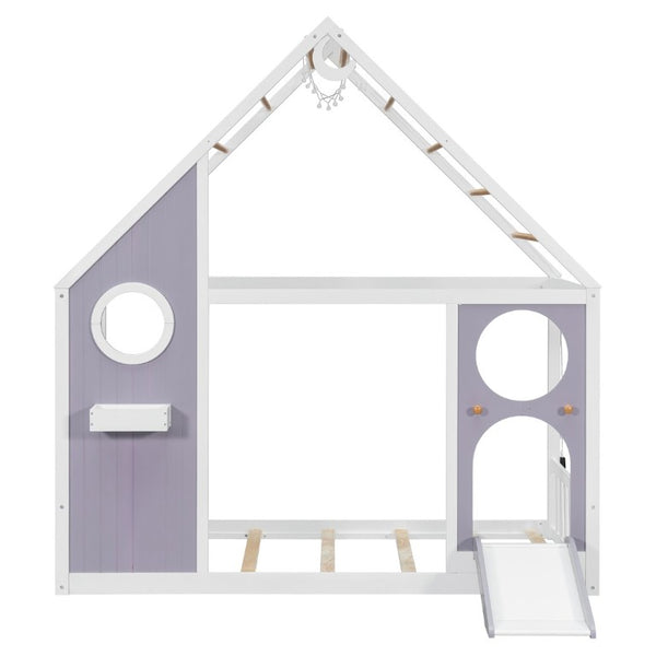 English Elm Twin Playhouse Platform Bed with Built-In Slide LED Lights and Velvet Front Panel Purple N708P437072I