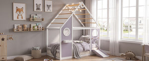 English Elm Twin Playhouse Platform Bed with Built-In Slide LED Lights and Velvet Front Panel Purple N708P437072I