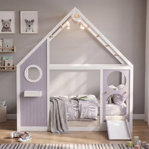 English Elm Twin Playhouse Platform Bed with Built-In Slide LED Lights and Velvet Front Panel Purple N708P437072I