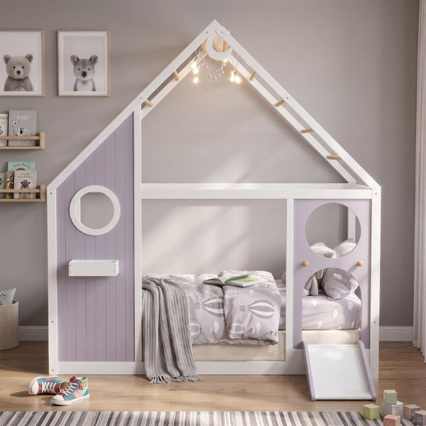 English Elm Twin Playhouse Platform Bed with Built-In Slide LED Lights and Velvet Front Panel Purple N708P437072I