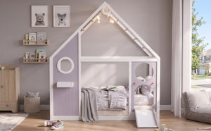 English Elm Twin Playhouse Platform Bed with Built-In Slide LED Lights and Velvet Front Panel Purple N708P437072I