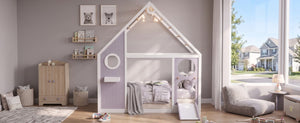 English Elm Twin Playhouse Platform Bed with Built-In Slide LED Lights and Velvet Front Panel Purple N708P437072I