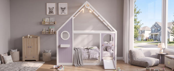 English Elm Twin Playhouse Platform Bed with Built-In Slide LED Lights and Velvet Front Panel Purple N708P437072I