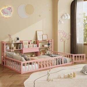 English Elm Twin Floor Bed with Fence Rails Integrated Bookcase and 3 Tier Side Storage Shelves Pink N708P472507H