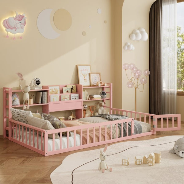 English Elm Twin Floor Bed with Fence Rails Integrated Bookcase and 3 Tier Side Storage Shelves Pink N708P472507H