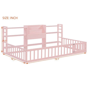 English Elm Twin Floor Bed with Fence Rails Integrated Bookcase and 3 Tier Side Storage Shelves Pink N708P472507H